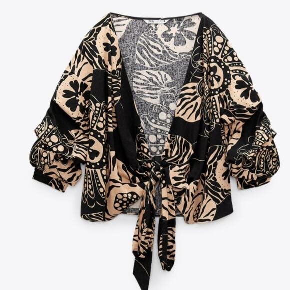 ZARA Printed Linen Blend Wrap Top & Maxi Skirt Ruffles Brown & Cream Size XS - Picture 10 of 11